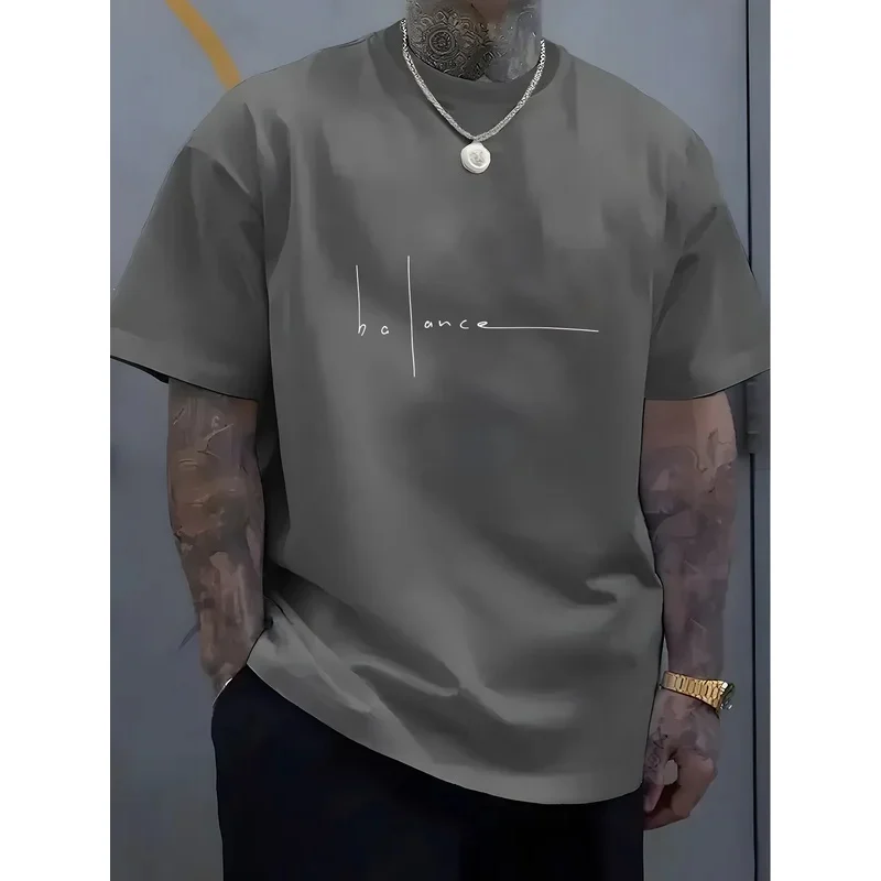 Mens Short Sleeve T Shirt Top Summer 100 Pure Cotton Fashionable Casual Sports Loose Trend Balance Letter Print Round Neck