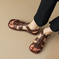 NEW Summer Women Sandals Split Leather Shoes for Women Open Toe Low Heel Shoes Gladiator Black Women Shoes Vintage Roman Sandals