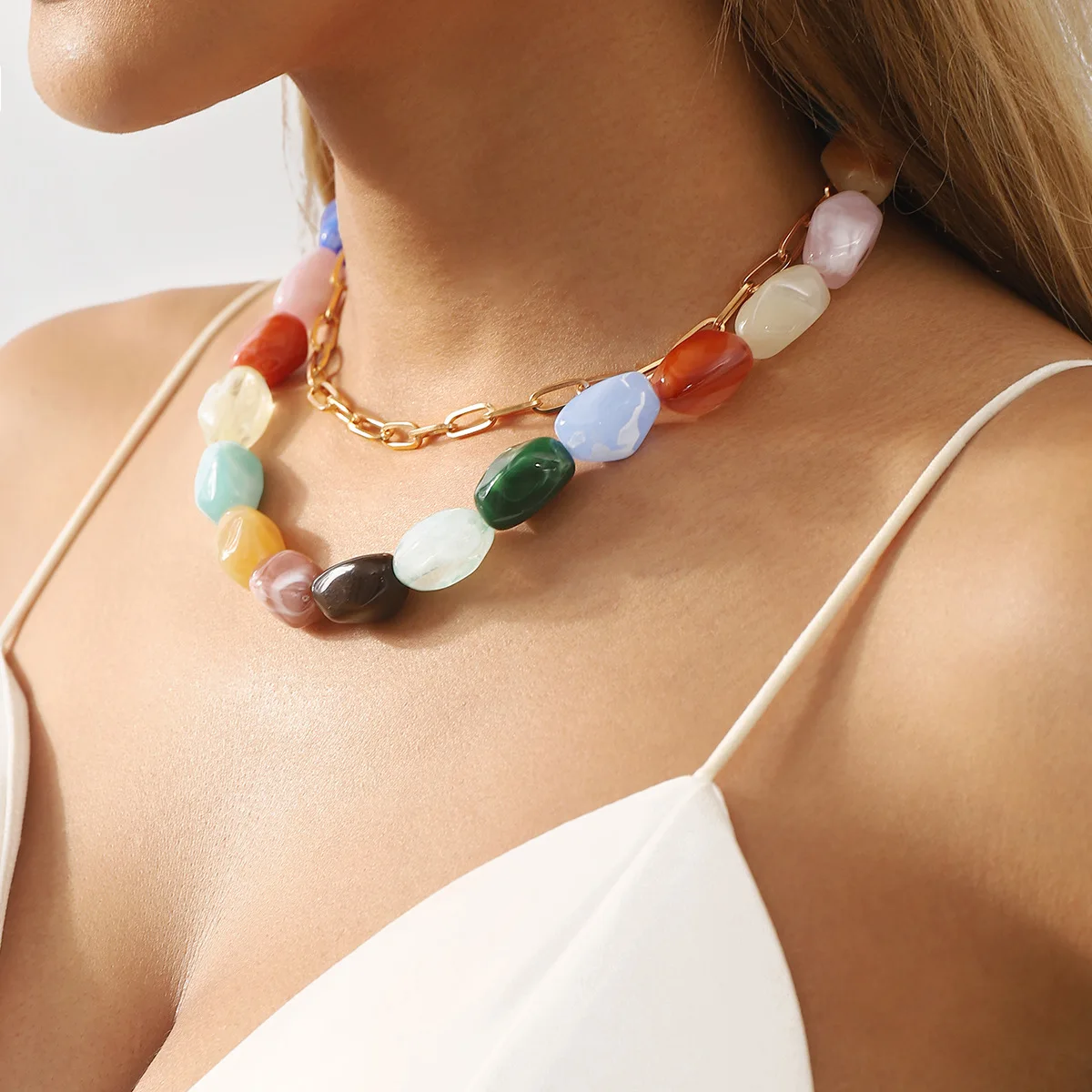 Colorful Stone Beaded Necklace Summer Personalized Fashion Stackable Women's Clavicle Necklace Holiday Banquet Jewelry Gift