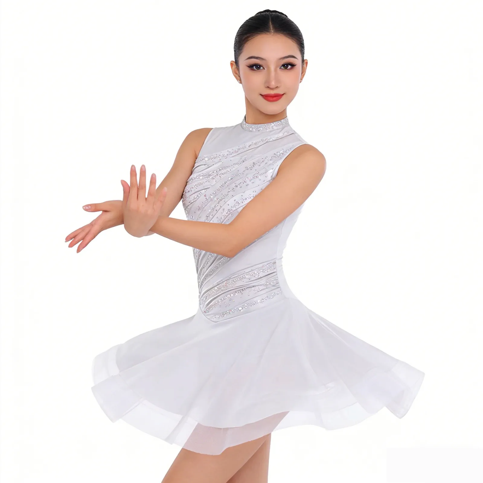 Womens Rhinestone Ruched Ballet Lyrical Dance Performance Costume Gymnastics Leotards Figure Skating Contemporary Dance Dress