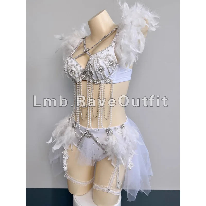 Ropa de sílaba eléctrica EDC de plumas de perlas personalizada, fotografía de rebote, club nocturno, vestido de actuación DS, falda tutú de Ballet