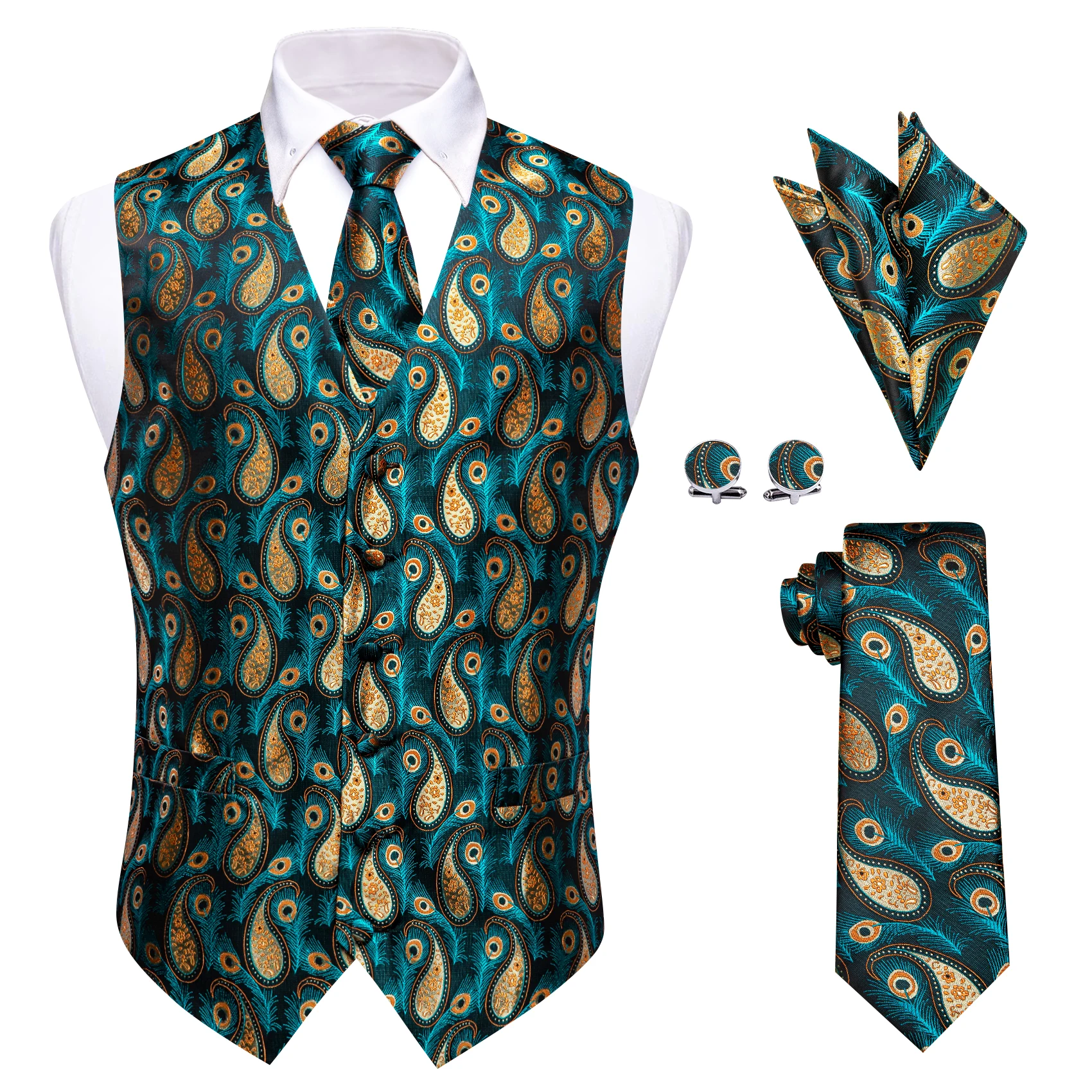 

Formal Vest for Man Green Orange Paisley colete masculino Men's Luxury Necktie Cufflinks Pocket Square Classic Tuxedo Waistcoats