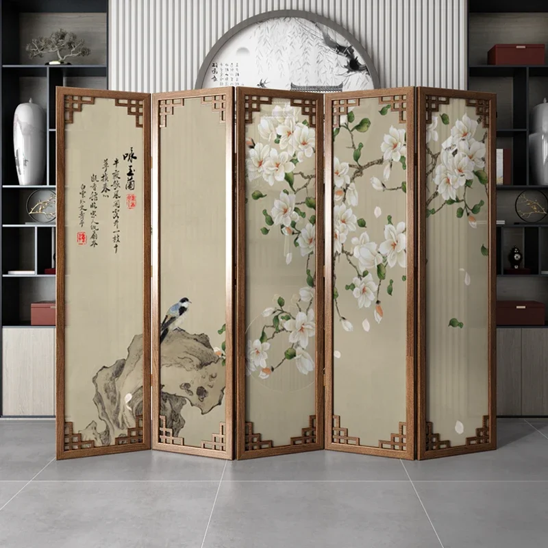 Screen folding mobile new Chinese partition living room bedroom office tea room hotel lobby solid wood flower and bird