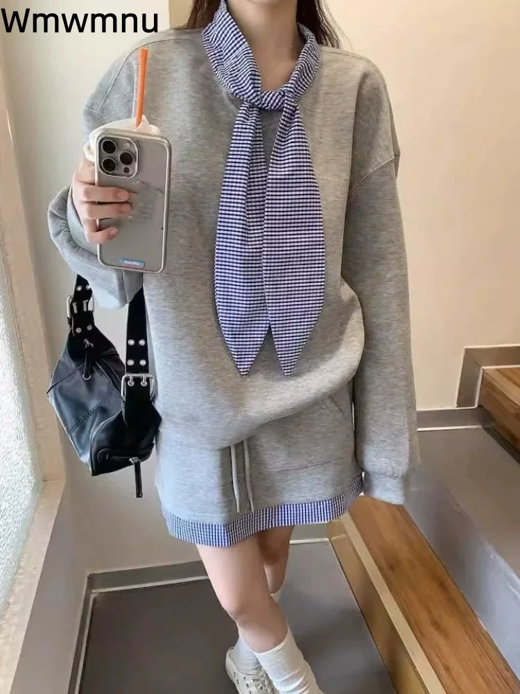 Mode Patchwork 2-delige set Dames Casual Plaid O-hals Lace-Up Conjuntos Trekkoord Hoge taille Korte rok Ensembles