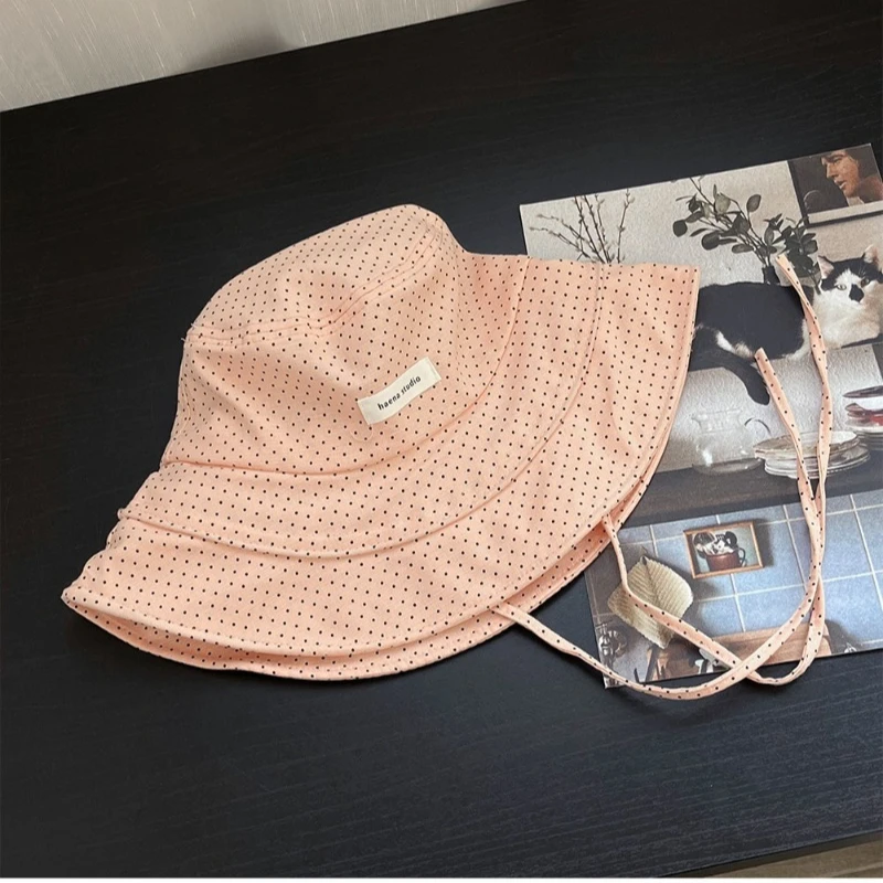 2026 New Polka Dot Strappy Large Brimmed Bucket Hat Korean Version Women's Summer Vacation Sunshade Foldable Sun cap 5