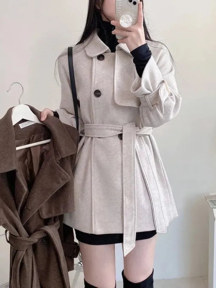Korean Style Women's Mid-Length Woolen Coat Double-Breasted Turn-down Collar Belted Retro Windbreaker High-End Feeling Coat