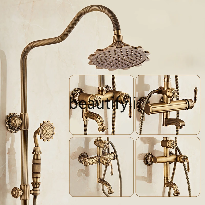 Cross-border European antique shower set All-copper light luxury water mixing valve Rain shower head