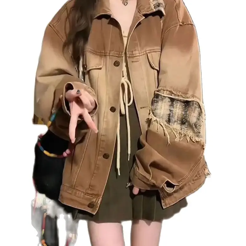 

Spliced ​​Broken Copper Denim Jacket American Retro Niche Design Plaid Patchwork Loose Autumn Harajuku Street Wear For Women