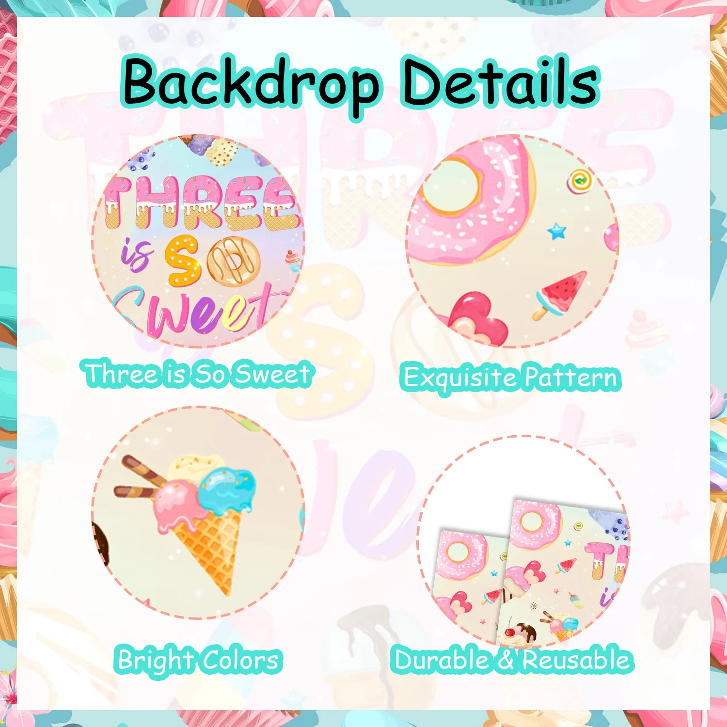 Ice Cream Birthday Party Backdrop, Donut Background, Cake Table Decoration, Banner Photo Booth Props, Three Is So Sweet