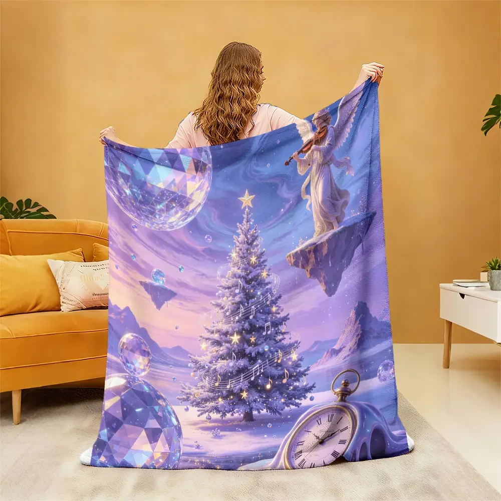 Dreamy Celestial Christmas Tree Blanket Throw with Clock and Cosmic Galaxy Art for Cozy Home Decor 150x200cm
