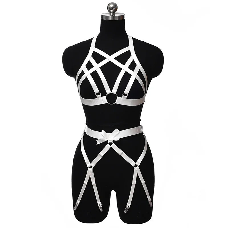 Women Bondage Bow Body Harness Belt Pole Dance Sexy Lingerie Punk Leg Garter Hollow Open Chest Bra  Adjust Bodysuit