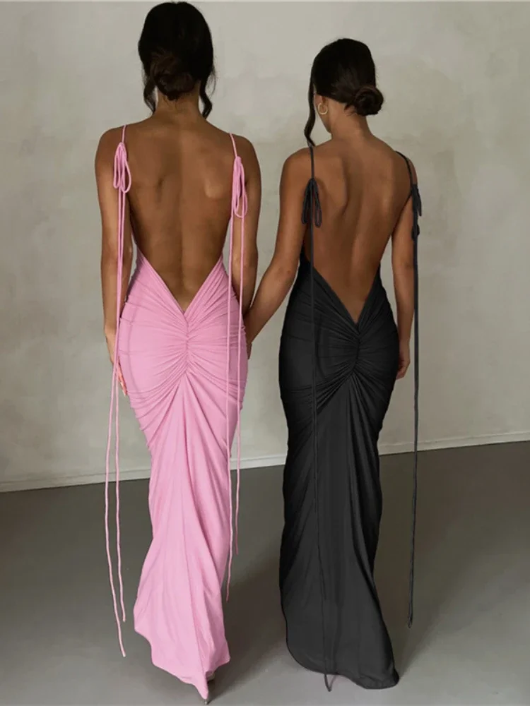 

Pink Backless Sexy Maxi Dresses for Women 2024 Spaghetti Strap Ruched Bodycon Dress Wedding Evening Party Dress Elegant Luxury