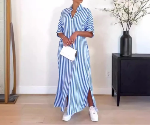 Women's Street Style Dress 2024 Spring Summer Latest Shirt Collar Vertical Stripe Loose Short Sleeved Shirt Slit Long Skirt