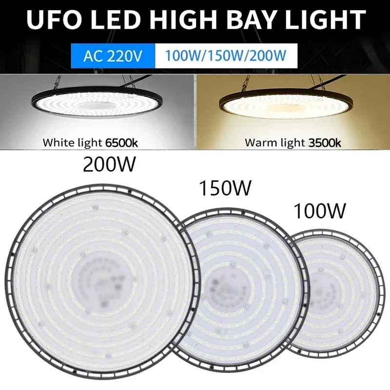 

UFO LED High Bay Lights Super Bright 100/150/200W Waterproof Commercial Industrial Market Warehouse Garage Workshop Garage Lamps