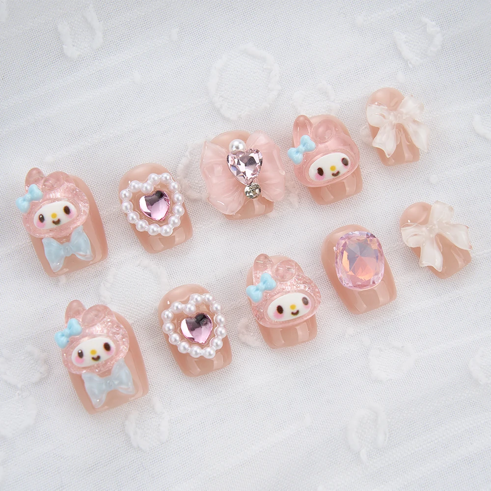 Handmade False Nails Short Press on Pink Bow Nail Set Round Reusable Cartoon Rabbit Stick-on Nude Finished Fake Nails Tips