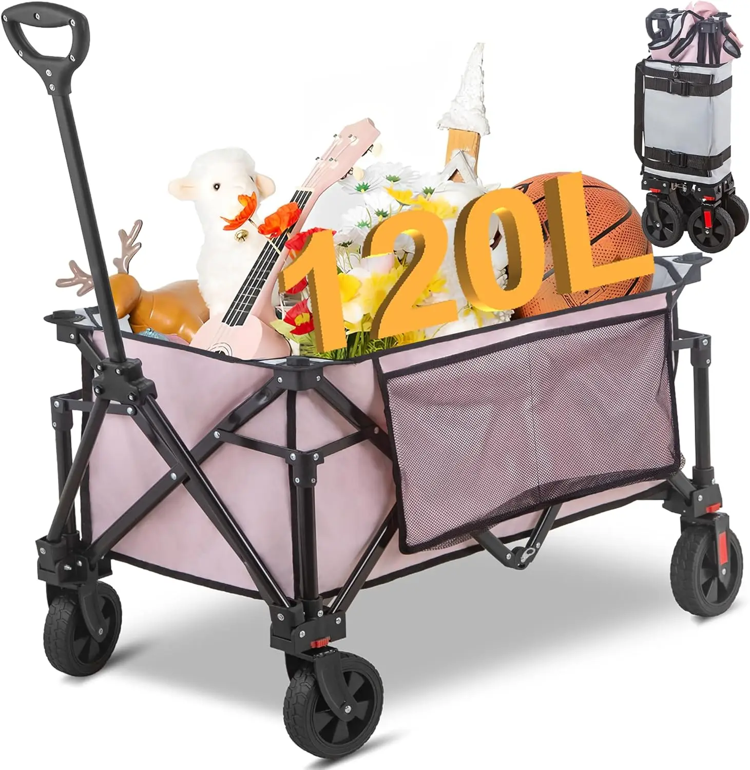 Collapsible Folding Wagon Cart in Pink - 220LBS Heavy Duty, All Terrain Wheels, Side Storage Bag, for Camping, Shopping, Garden