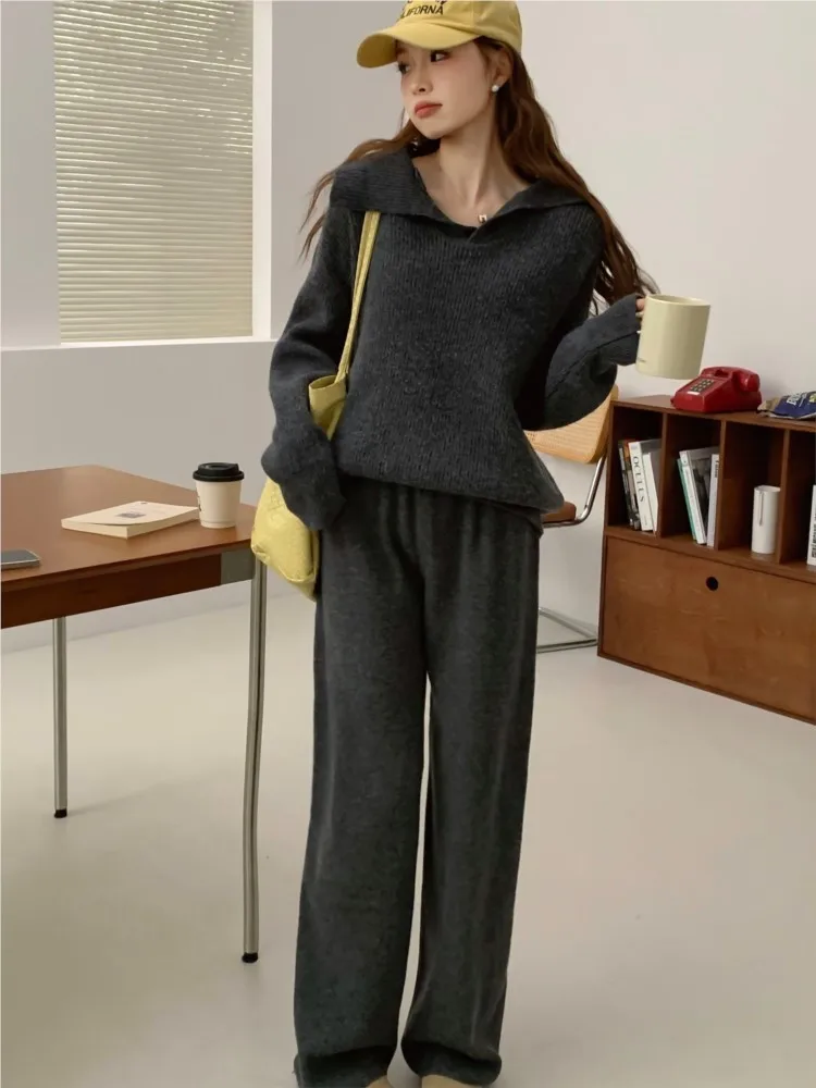 Autumn 2 Piece Set Pullover Sweater Knitted Tracksuit Women Korea New Turn-Down Collar Clothes High Waist Straight Pants Suit