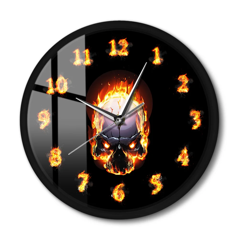 

Demon Skull In Fire Burning Modern Metal Frame Wall Clock Silent Heavy Metal Flaming Death Skull Wall Watch For Halloween Art