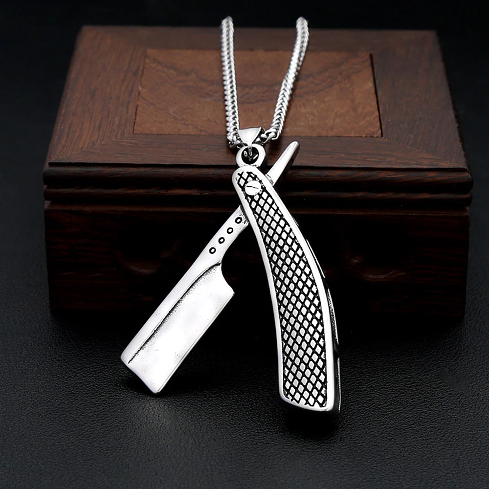 Vintage Haircut Razor Barber Shape Pendant Necklace Stainless Steel Men's Fashion Metal Sliding Metal Necklace Punk Jewelry Gift