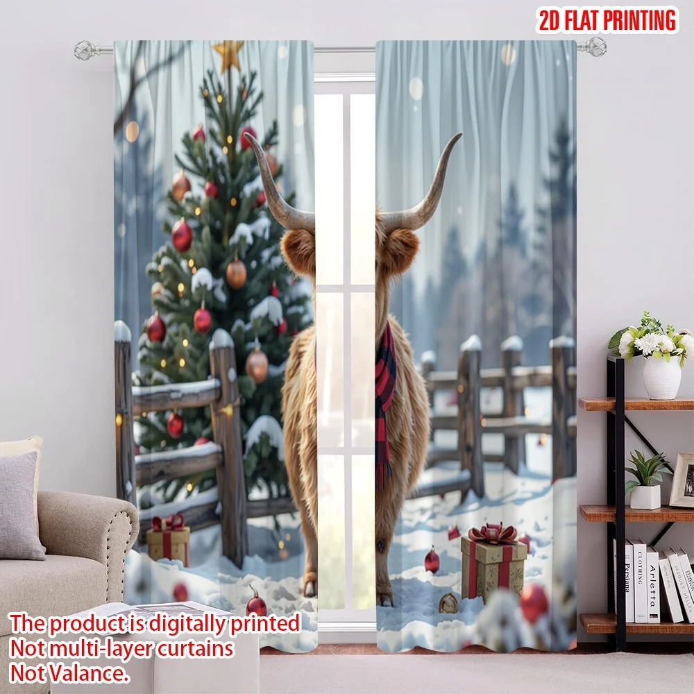 

2pcs 2D flat printing Christmas Window Drapes Farm Christmas scene Versatile Fabric Without Electricity Festive Holiday Perfect