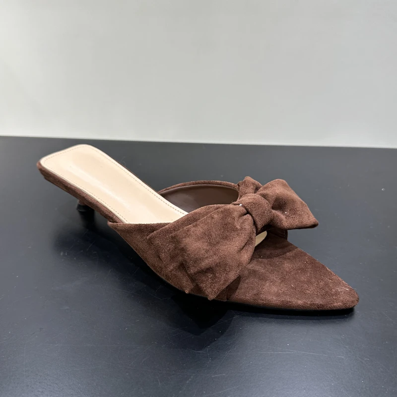 SUOJIALUN 2025 الصيف العلامة التجارية الجديدة شبشب نسائي موضة كبيرة القوس عقدة السيدات أنيقة الشرائح رقيقة كعب منخفض في الهواء الطلق عطلة صندل #2