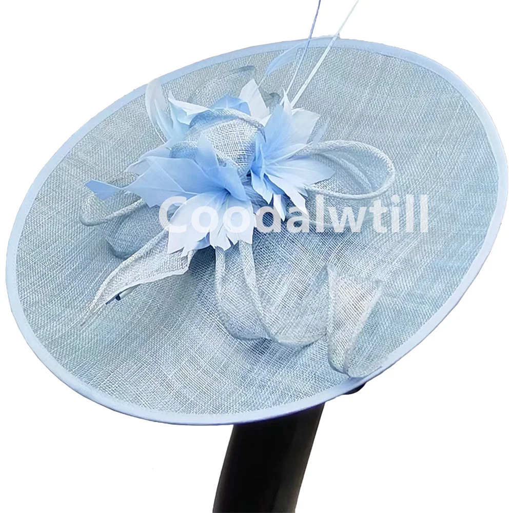 Large Sinamay Wedding Fascinator Hat Women Elegant Church Race Headpiece Ladies Bride Occasion Millinery Cap Derby Feather Hats