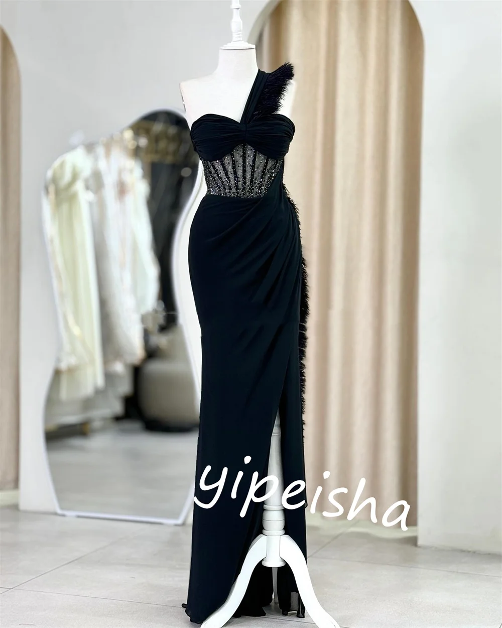 Customized Jersey Sequined Feather Wedding Party Trumpet One-shoulder Bespoke Occasion Gown Long Dresses