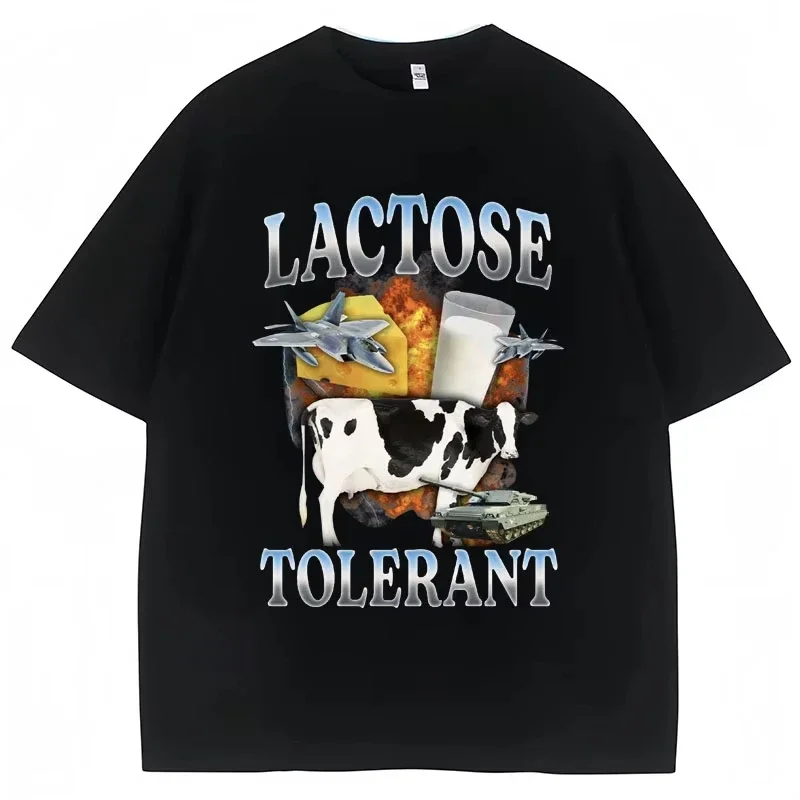 Lactose Tolerant Funny Milk Print T Shirt Men Women Retro Fashion Short Sleeve Summer Casual Humor T Shirts Gifts