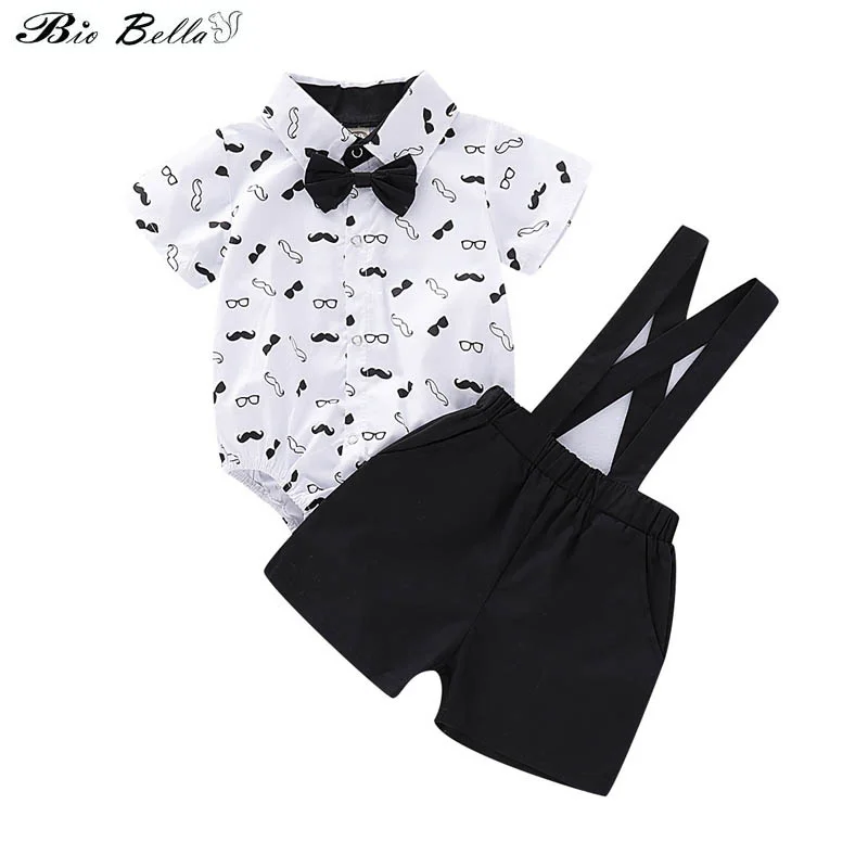 

Cute Newborn Baby Boy Clothes Lovely Mustache Print Bodysuit Tops+ Suspender With Bowtie 2pcs Set 0-18M