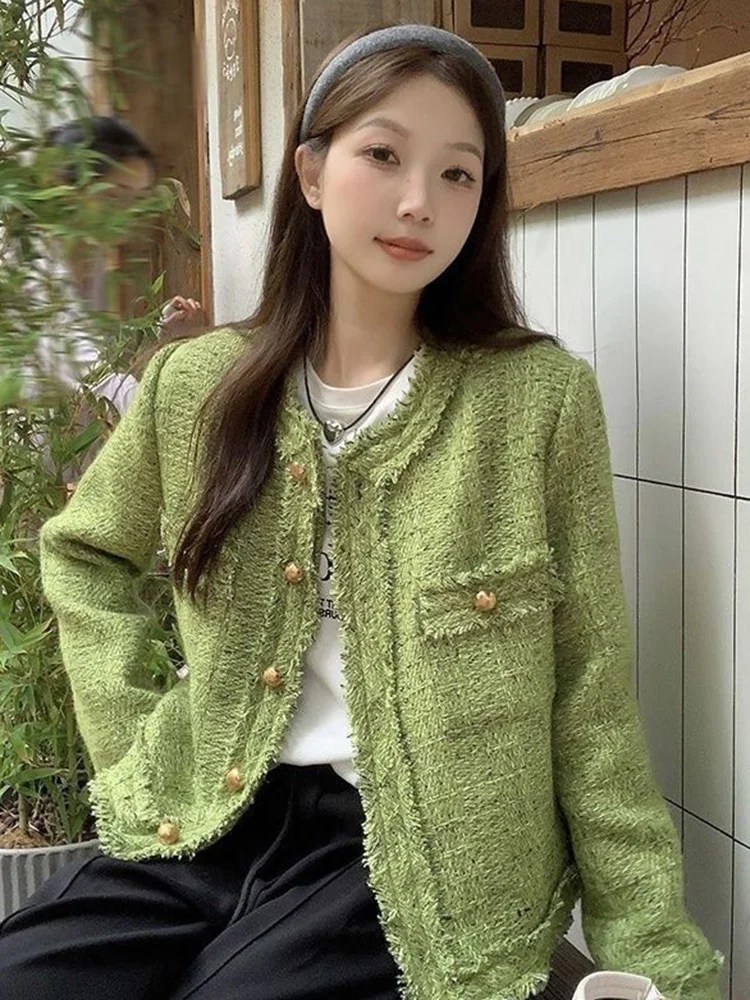 

Sweet Green Tweed Jackets Women Vintage Long Sleeve Casual Coat Korean O Neck Fall Winter Retro All Match Elegant Outwear Tops