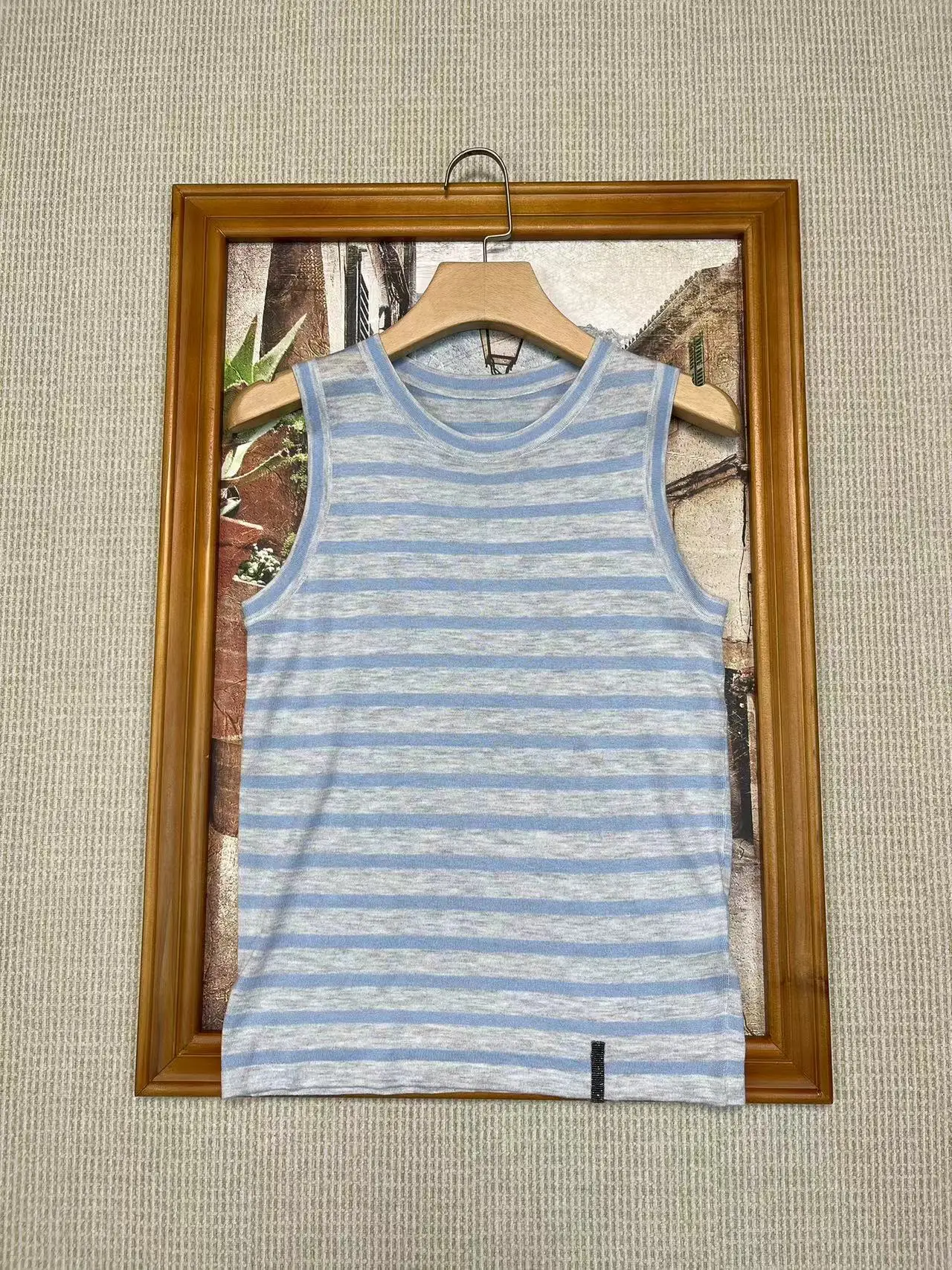 Beaded silk wool stripe knitted tank top