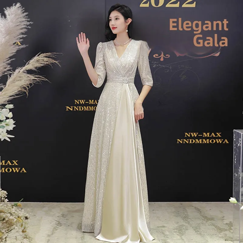 

Длинное вечернее платье цвета шампанского для женщин, осеннее, для торжественных мероприятий, для ведущих, формальное, Dr Par Dr