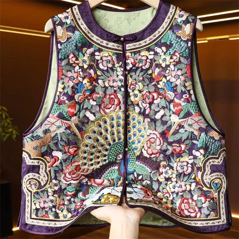 

Women's Vests Outerwears Women's Jackets High-end Purple Chinese-style Silk Vest Women's Spring and Autumn Embroidery Coat Top