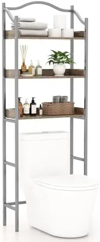 

3-Tier Over-The-Toilet Rack, Freestanding Bathroom Space Saver W/ 3 Open Shelves & Sturdy Metal Frame, Mid-Century Rack for