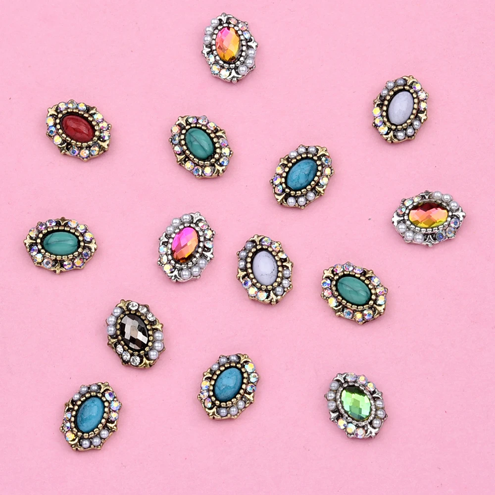 10pcs Retro Nail Rhinestone Charms Antique 3d Crystal Oval Pearl Gemstone Alloy Nail Jewelry for Nail Decorations Designs