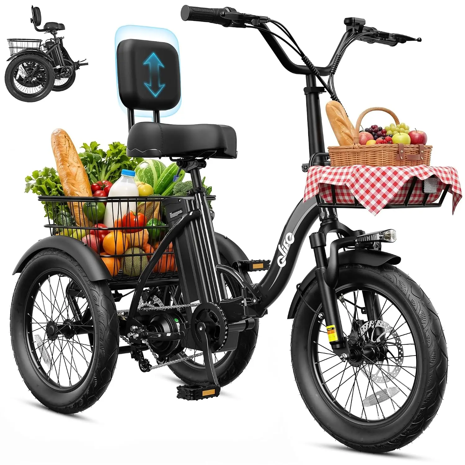 1200W Brushless Folding Electric Trike, 48V Removable Battery 18