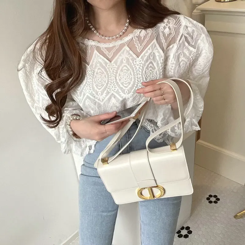 

Ele Heavy Embroidery White irt Loose Fit round Ne Hook Flower Lantern Sve Sweet Temperament Busin Casual Sle