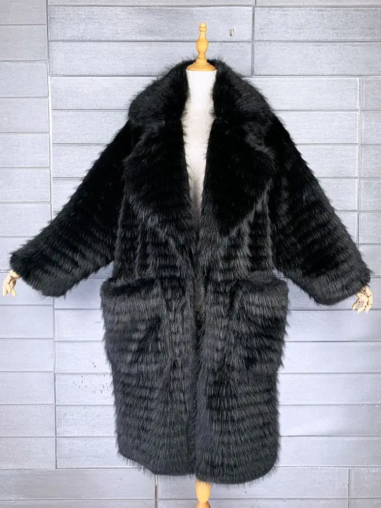 Female Fashion Faux Fur Coat Long Baggy Pink Large Pocket Lapel Jacket Women\'s Winter Coats Factory Direct Sales