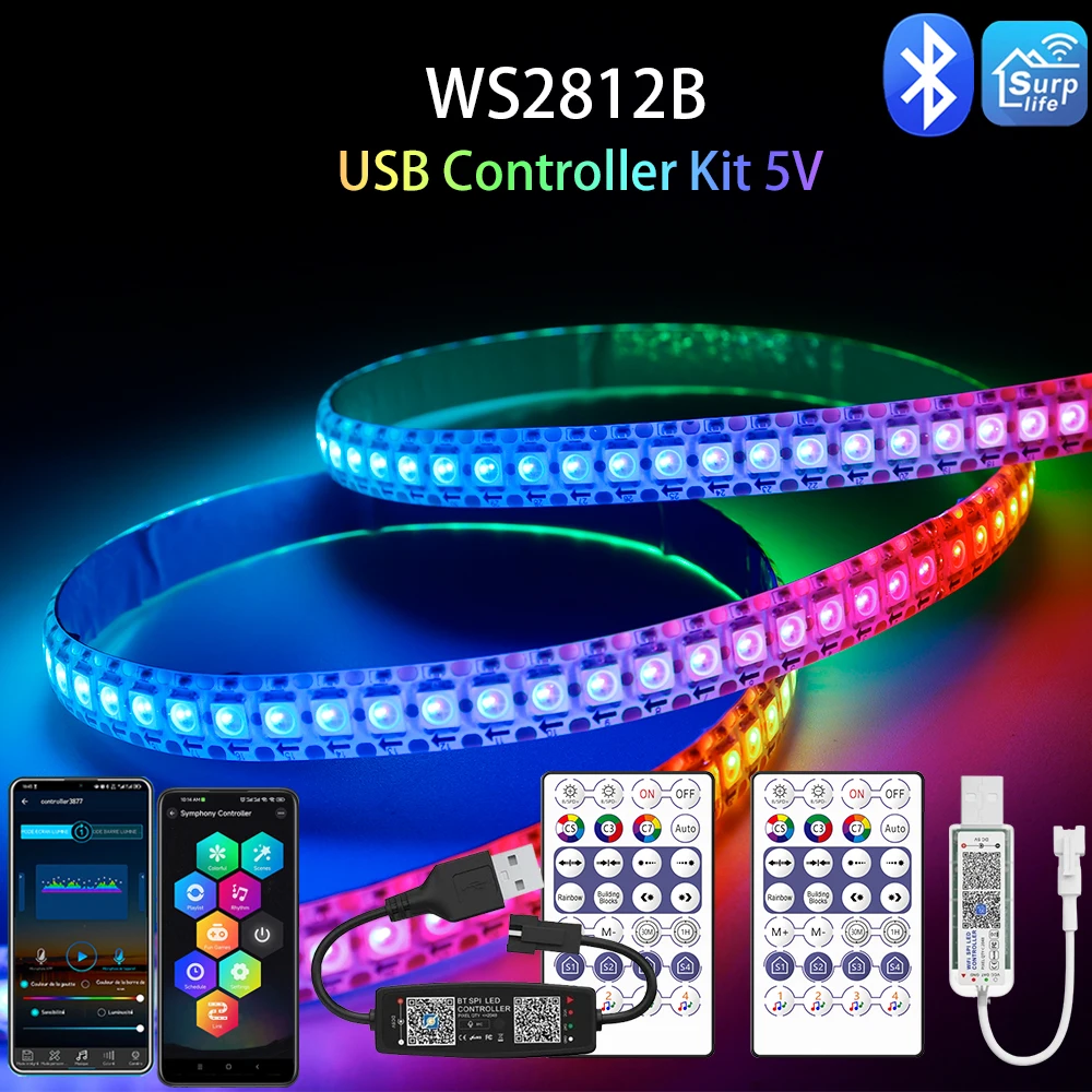 WS2812B Taśma LED Bluetooth Wifi Zestaw kontrolera muzycznego Indywidualnie adresowalna inteligentna taśma LED RGB 30/60/74/96/144 diod LED/m USB