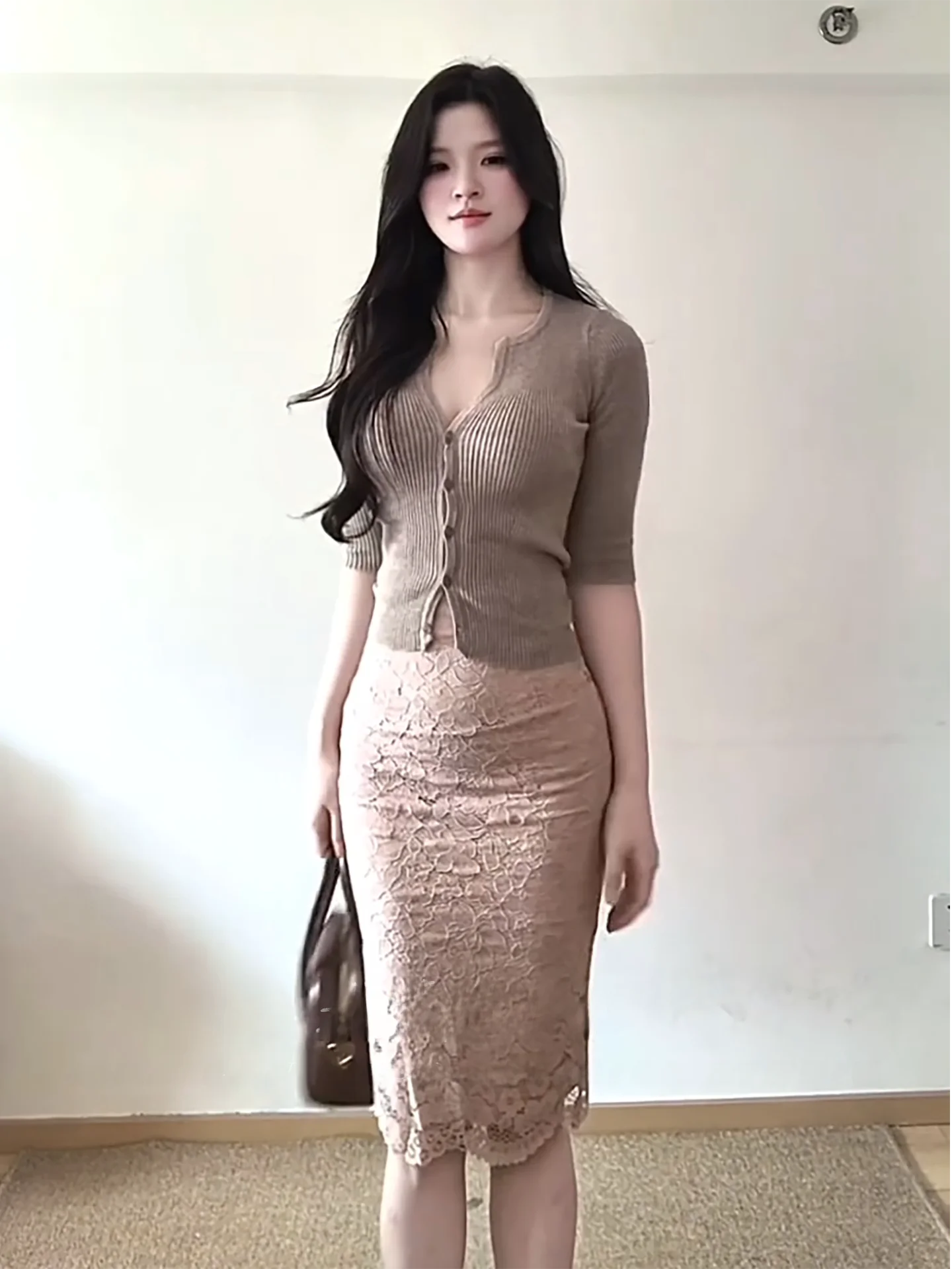 

Korean Style Women's Khaki V-Neck Mid-Sleeve Knitted Open Cardigan Set Pink High Waist Lace Half-Skirt Two-Piece Ensemble