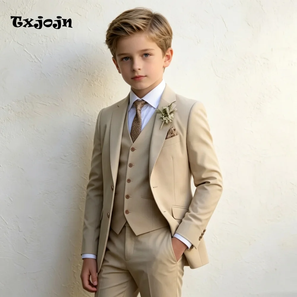 Formal Suit Boys Wedding Tuxedo Beige Jacket Vest Pants 3 Piece Set Formal Clothes Holiday Party Blazer Kids Custom Outfit