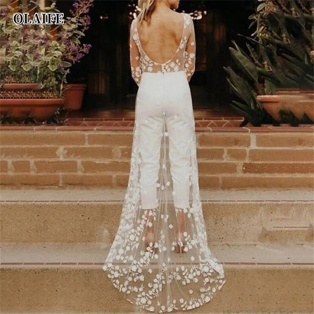 Long Sleeves Scoop Wedding Pant Suit Styles With Flower vestido de novia vestidos novias boda свадебное платье