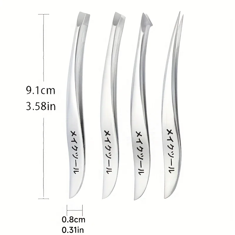 4pcs Precision Stainless Steel Tweezers Set - Eyebrow, Nose & Facial Hair Removal, Fragrance-Free, Glossy Finish
