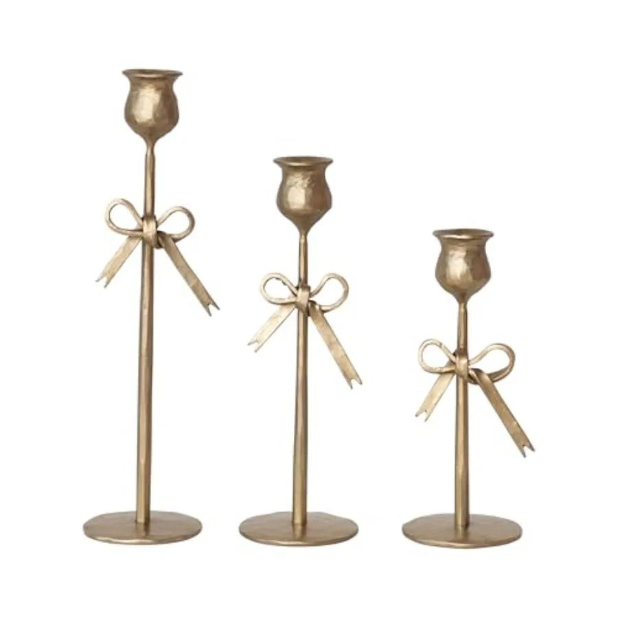 3-Piece Hand-Forged Bow Shaped Metal Taper Candle Holders for Dining Table, Antique Gold Finish, Rust-Resistant and Heat-Conduc