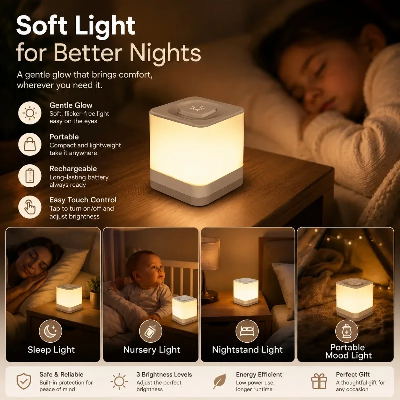 Rechargeable Night Light 4000mAh LED Touch Dimmable Cube Lamp 3 Color Portable for Bedroom Baby Kids Sleep Eye Care Night Light