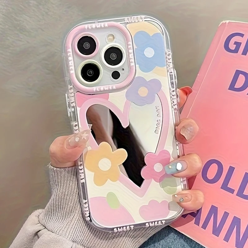 Korean Colors Cute Flower Mirror Phone Case For iPhone 11 13 12 14 15 16 17 Pro Max XS XR 7 8 Plus Lovely Hard Shockproof Cover