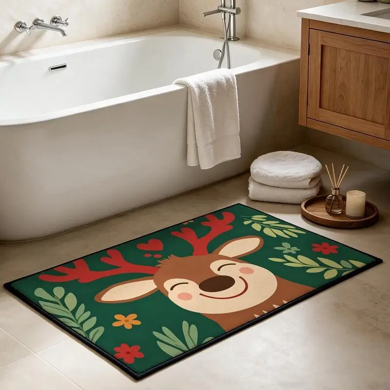 VIKAMA Christmas Bath Mat Deer Antler Print Anti Slip Water Absorbing Bathroom Mat Holiday Winter Cozy Aesthetic Home Decor