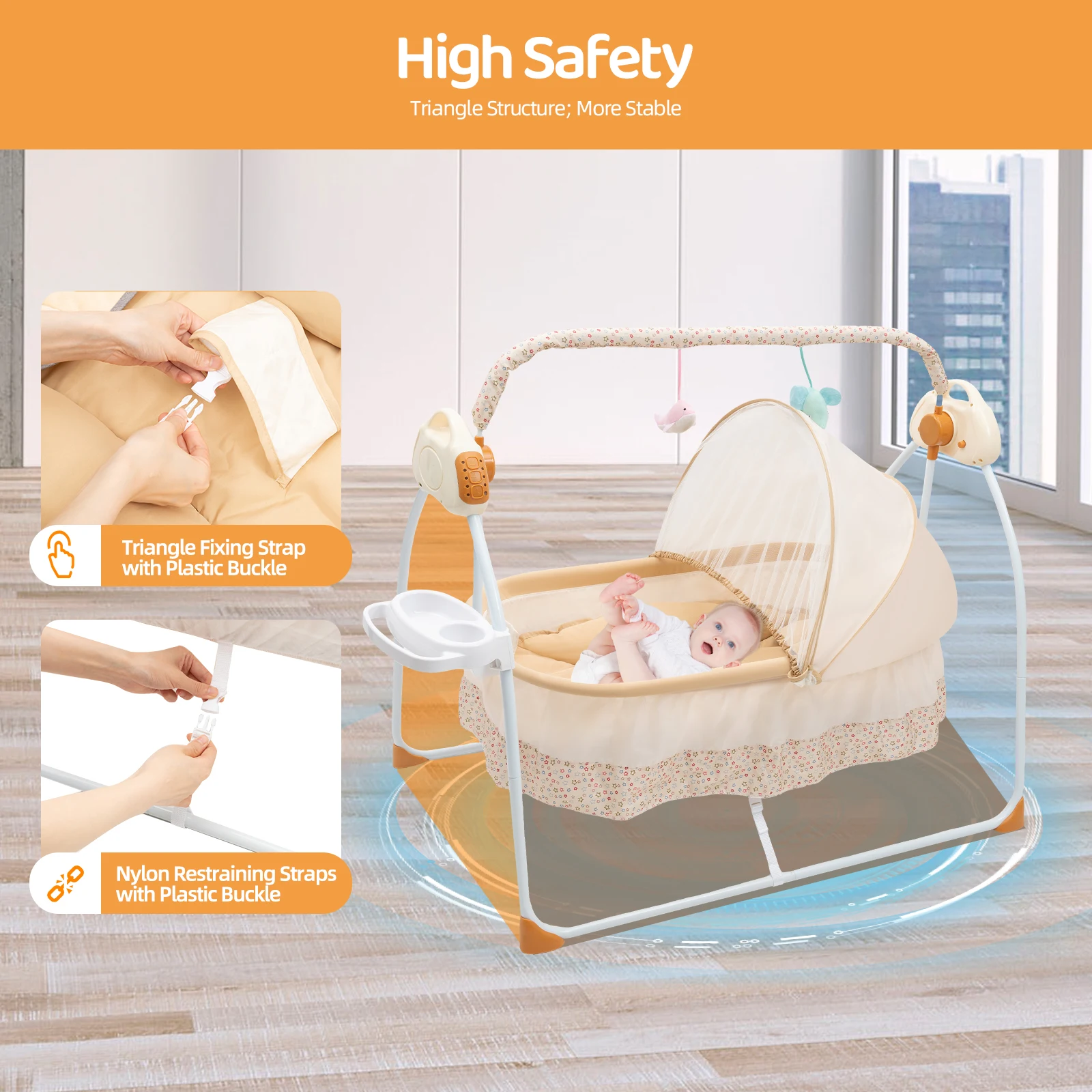 Berço elétrico do berço com controle remoto e música, cama infantil, balanço automático, 25kg, 55lbs Capacidade, 0-18 meses