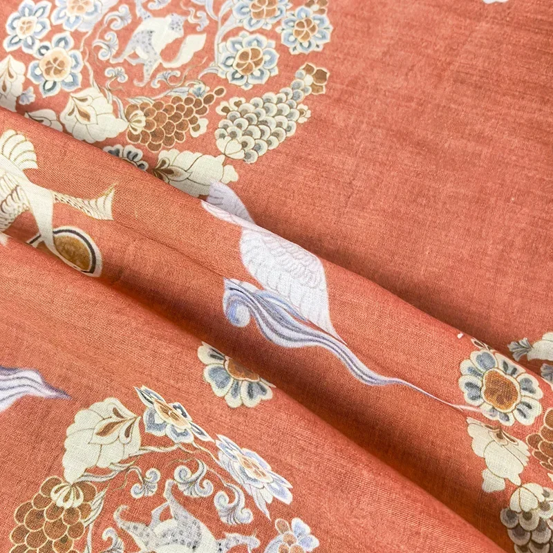 High quality natural 100% pure ramie cloth printed fabric women's dress Long dress robe summer thin DIY hand sewing 2024 50cm