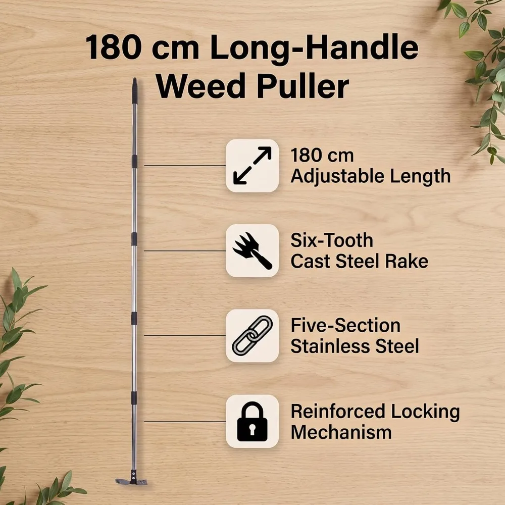 Durable Steel Weed Puller Tool Heavy Duty 2 in 1 Stand Up Weeding Tool Adjustable Long Handle Hand Rake Tool